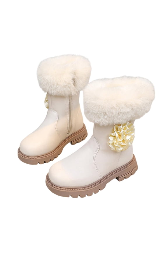 Mid-Calf Snow Boots for Girls, Plush Booties Faux Fuzzy Lined Slip-On Snow Boot Winter Warm Comfortable School Shoes Waterproof PU Leather Boots Lug Sole Non-Slip Boot for Indoor Outdoor
