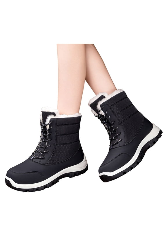 Mid Calf Snow Boots for Women Cold Weather Fuzzy Thicken Fleece Lined Non Slip Skiing Ski Hiking Winter Booties Black Size 6