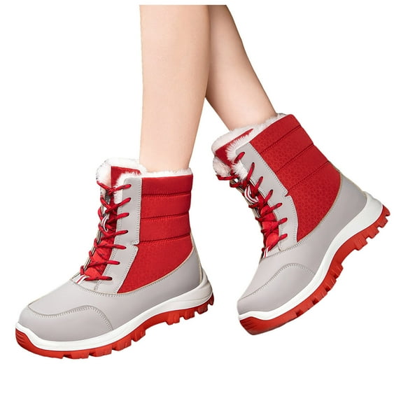 Mid Calf Snow Boots for Women Cold Weather Fuzzy Thicken Fleece Lined Non Slip Skiing Ski Hiking Winter Booties Red Size 6.5