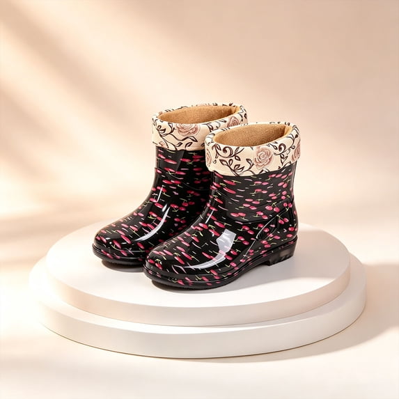 Mid-Calf Water Shoes for Women Round Toe Slip-on Waterproof PVC Lined Rain Boots for Outdoor Daily Walks