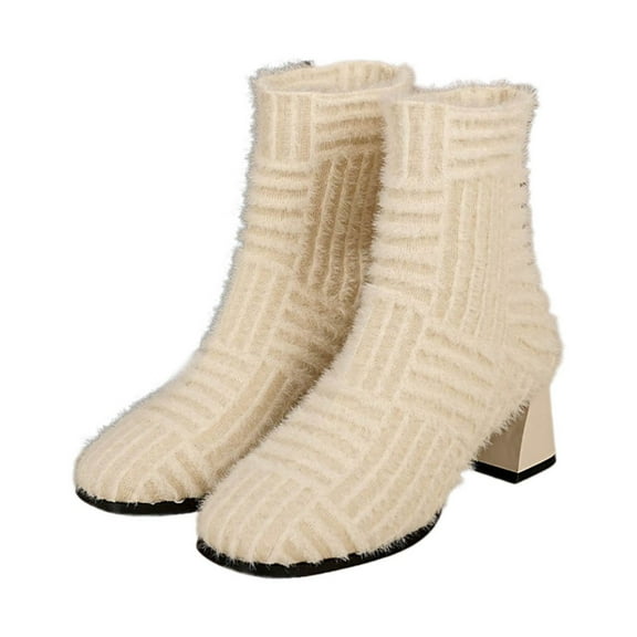Mid-Calf Winter Boots for Women Knit Sock Heel Ankle Boots Fashion Square Toe Mid Calf Booties on Heels Comfortable Casual Winter Footwear Durable Lightweight Stylish Design