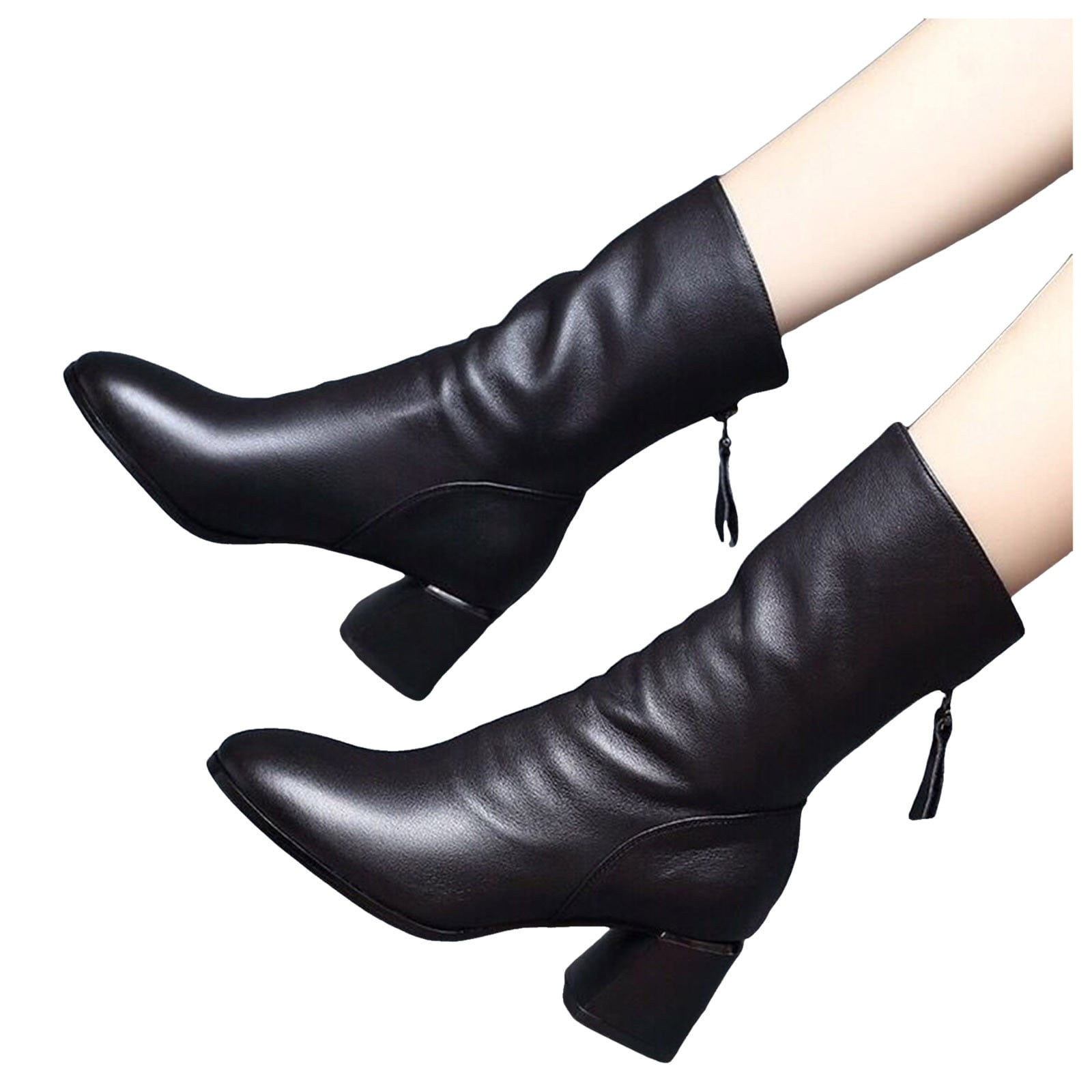 warm winter dress boots Mid Calf Winter Dress Boots for Women Black Leather Warm Lined Pointed Toe  Mid Heel Snow Booties