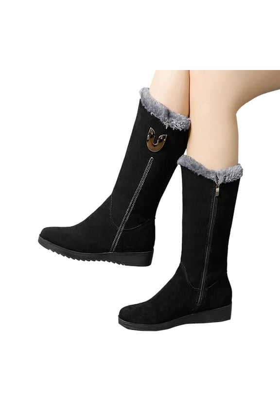 Mid Calf Winter Snow Boots for Women Plush Lined Warm Suede Wedge Low Heel Zipper Dress Booties