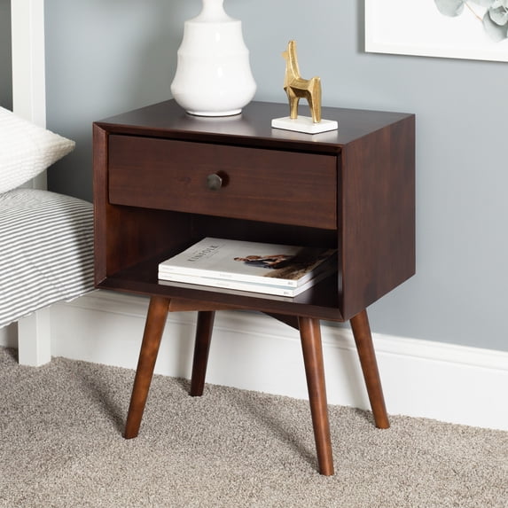 Mid-Century 1 Drawer Solid Wood Nightstand in Walnut