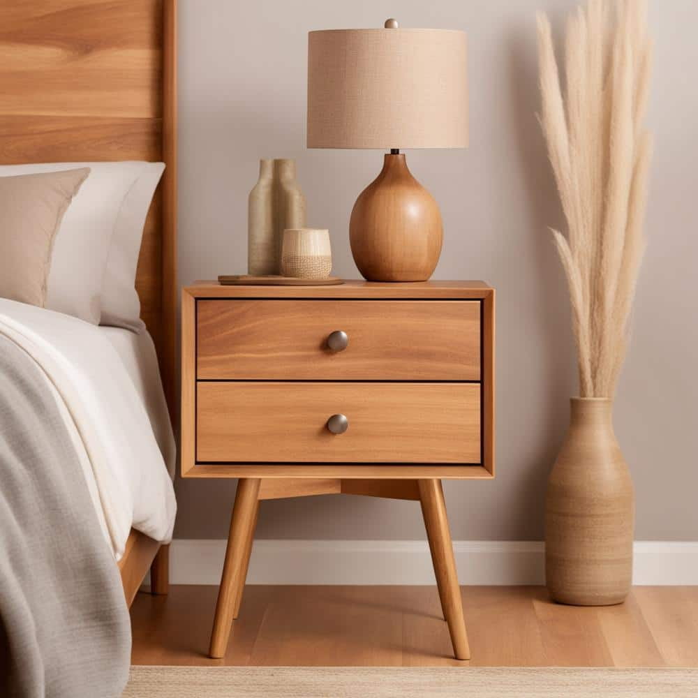 Mid-Century 2-Drawer Solid Wood Caramel Nightstand (2-Pack) - Walmart.com