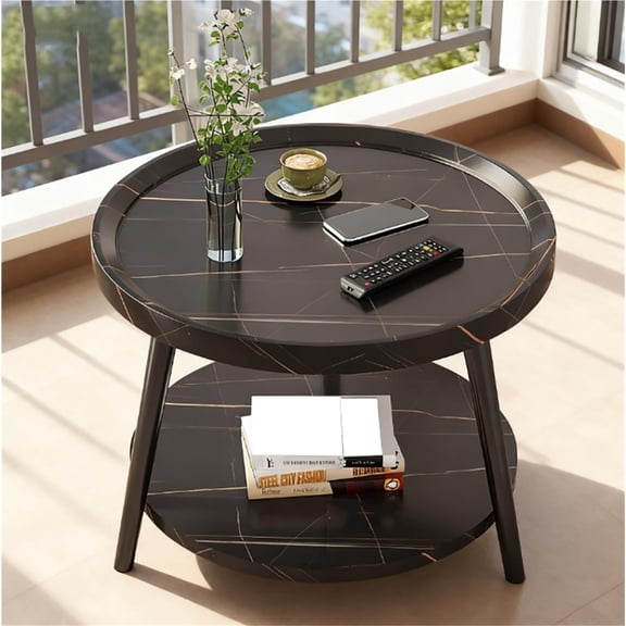 Mid Century 2-Tier Round Coffee Table In Black Marble Finish C 60CM For Living Room Balcony Small Apartments