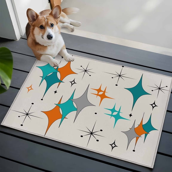 Mid Century 2x3 Area Rugs for Living Room, Boho Modern Geometric Teal Orange Star Non Slip Floor Mat Washable Low-Profile Indoor Carpet for Bedroom, Dining Room, Bathroom