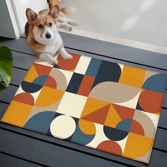Mid Century 2x3 Area Rugs for Living Room, Orange Brown Beige Blue Abstract Retro Geometric Modern Non Slip Floor Mat Washable Low-Profile Indoor Carpet for Bedroom, Dining Room, Bathroom