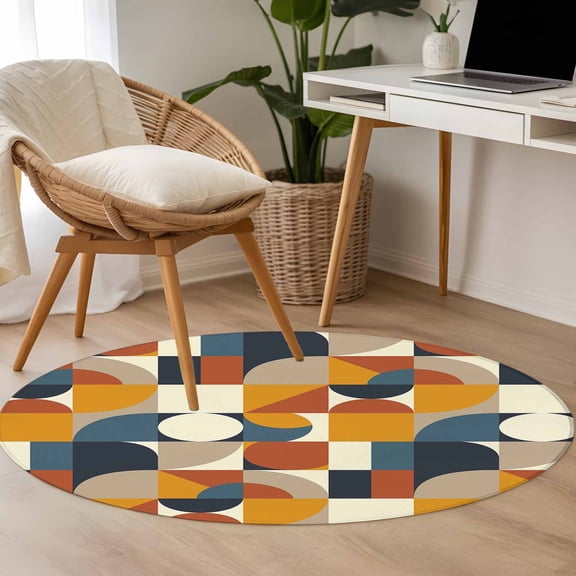Mid Century 3.3ft Round Rug for Bedroom Reading Corner, Orange Brown Beige Blue Abstract Retro Geometric Modern Washable Non Slip Circle Area Rug