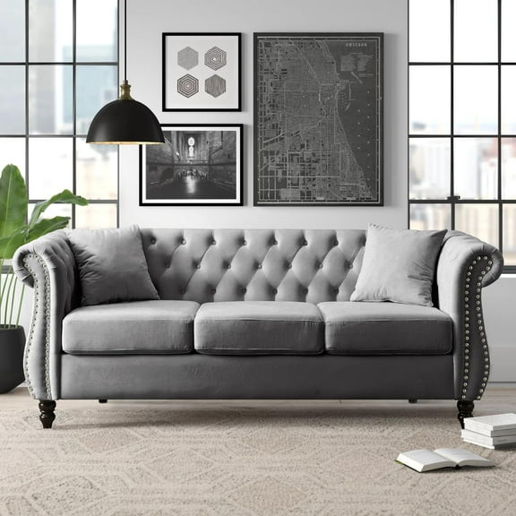TUANLUO Mid-Century 3-Seat Living Room Sofa Couch, Velvet Upholstered Sofa with 2 Pillows and Wood Legs, Heavy Duty Sofa Furniture for Living Room, 80"L x 29"W x 30"H, Gray