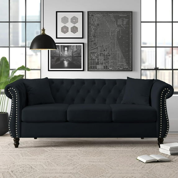 Mid-Century 3-Seat Living Room Sofa, TUANLUO Couches and Sofas, Velvet Upholstered Sofa Sofa with 2 Pillows and Wood Legs, Heavy Duty Sofa Furniture for Living Room, 80"L x 29"W x 30"H, Black