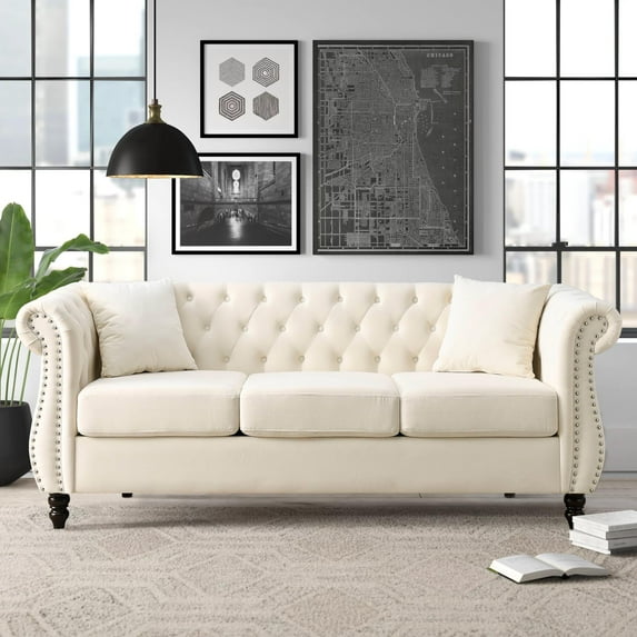 Mid-Century 3-Seat Living Room Sofa, TUANLUO Couches and Sofas, Velvet Upholstered Sofa Sofa with 2 Pillows and Wood Legs, Heavy Duty Sofa Furniture for Living Room, 80"L x 29"W x 30"H, Beige