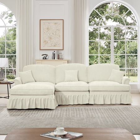 Mid-Century 3-Seat Modular L-Shaped Sectional Sofa with Movable Ottoman, Chenille, Beige White | Detachable ruffle skirts, flared arms, spindle legs, deep seat comfort, multiple configurations