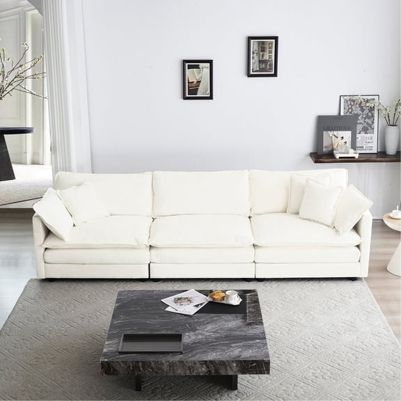 Mid-Century 3-Seat White Couch with Cushioned Backrest / Relaxing, Combinable for Rooms