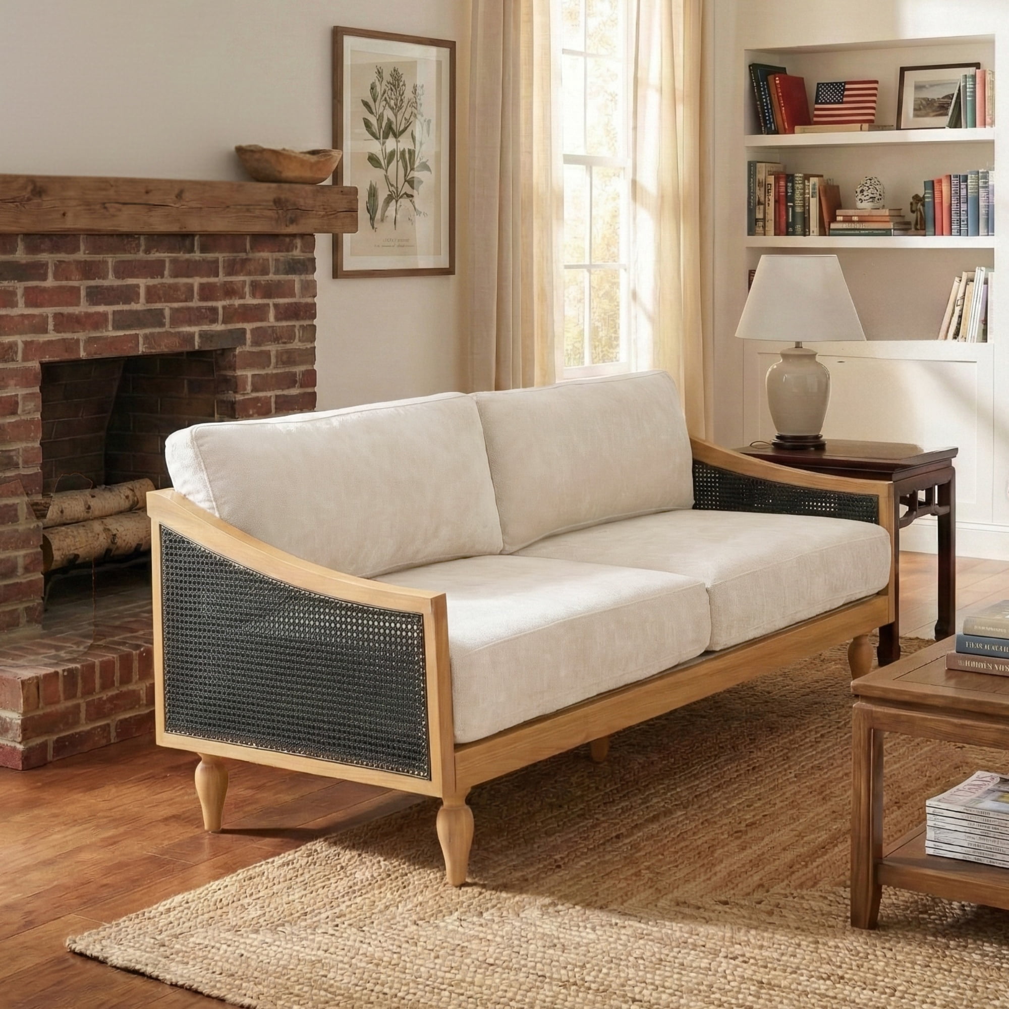 Mid-Century 3-Seater Sofa with Rattan Armrests and Wooden Legs, Chenille Fabric Couch for Living Room and Small Spaces, Black