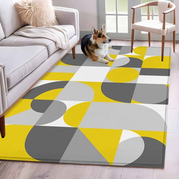 Mid Century 3x5 Area Rugs for Living Room, Yellow Grey Abstract Retro Geometric Modern Non Slip Floor Mat Washable Low-Profile Indoor Carpet for Bedroom, Dining Room, Bathroom
