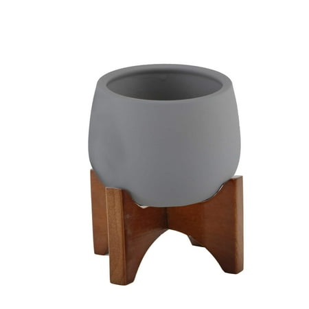 Mid-Century 4.8" Soft-Touch Round Ceramic Pot w/Wood Stand, Grey Planter Mid Century