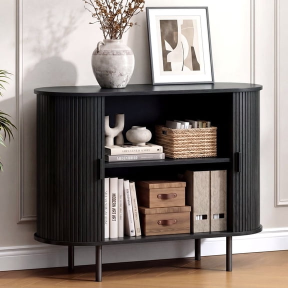 ROGALIS 40" Sliding Tambour Door Buffet Cabinet, Sideboard with Adjustable Shelves for Kitchen Living Room Hallway Entryway, Black