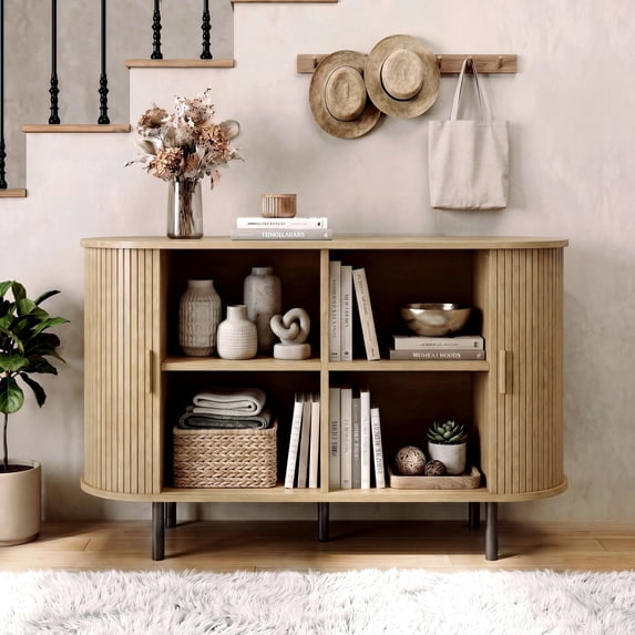 ROGALIS 40" Buffet Sideboard Cabinet with Storage, Modern Fluted Cabinet with Sliding Doors & Adjustable Shelf, Coffee Bar Accent Cabinet for Kitchen, Dining Room, Entryway, Oak