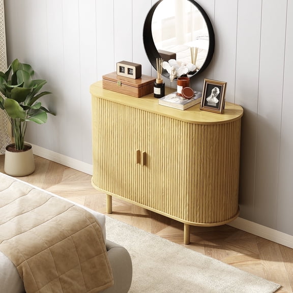 ROGALIS Mid-Century 40" Sideboard Buffet Cabinet with Storage and Sliding Door & Adjustable Shelf, Multi-Purpose Modern Accent Coffee Bar Cabinet & Entryway Console Table, Space-Saving, Oak