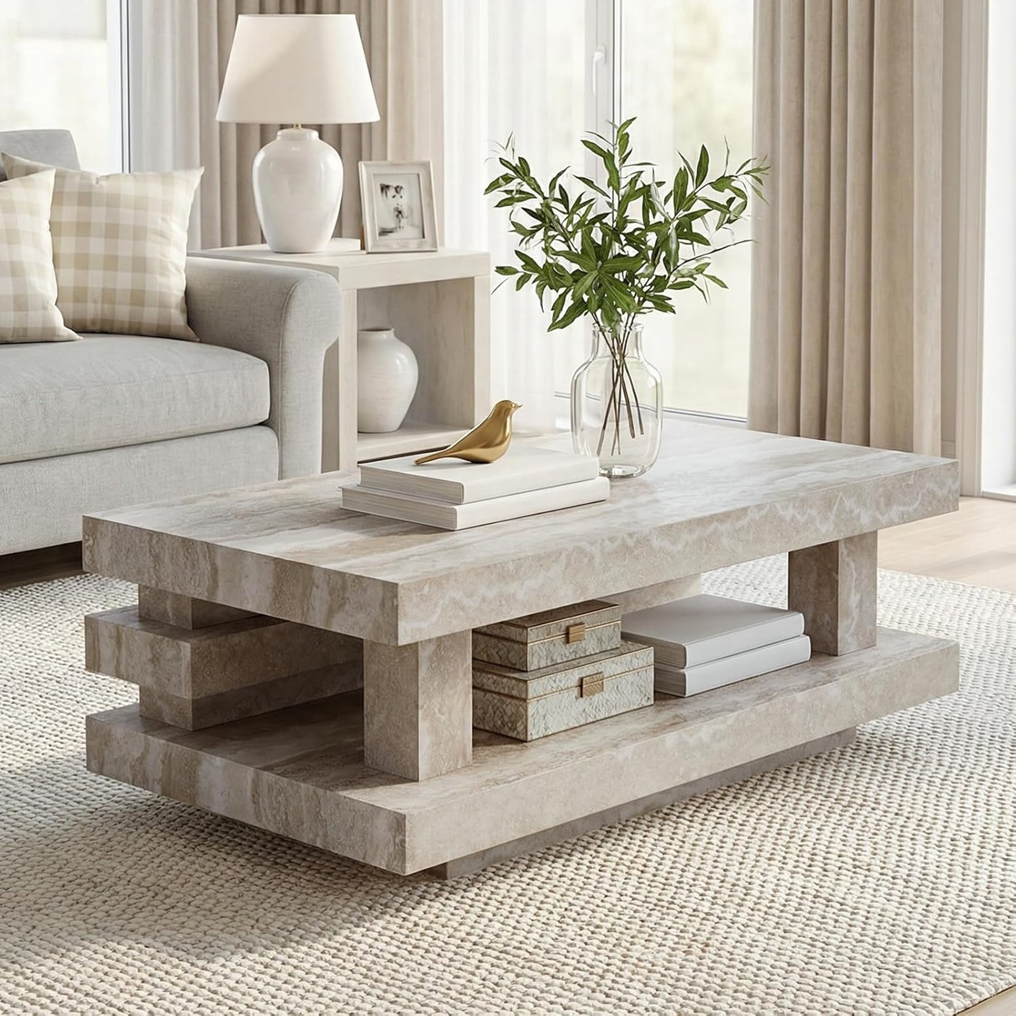 Mid Century 43" Rectangular Wood Tea Table, Stone Travertine Pattern Storage Coffee Table