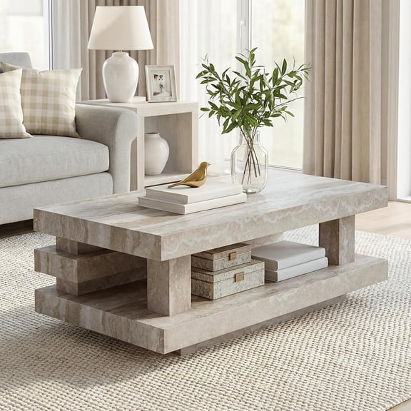Mid Century 43" Rectangular Wood Tea Table, Stone Travertine Pattern Storage Coffee Table