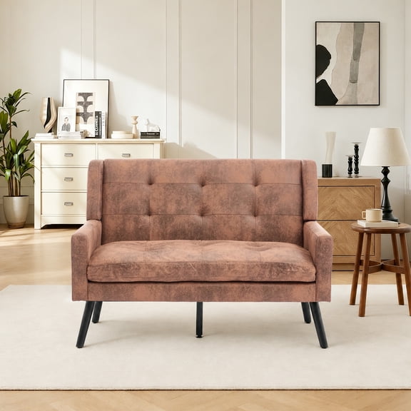 Wansaly Mid-Century Soft Velvet Loveseat, Tufted High Back Sofa with Solid Metal Legs, Brown