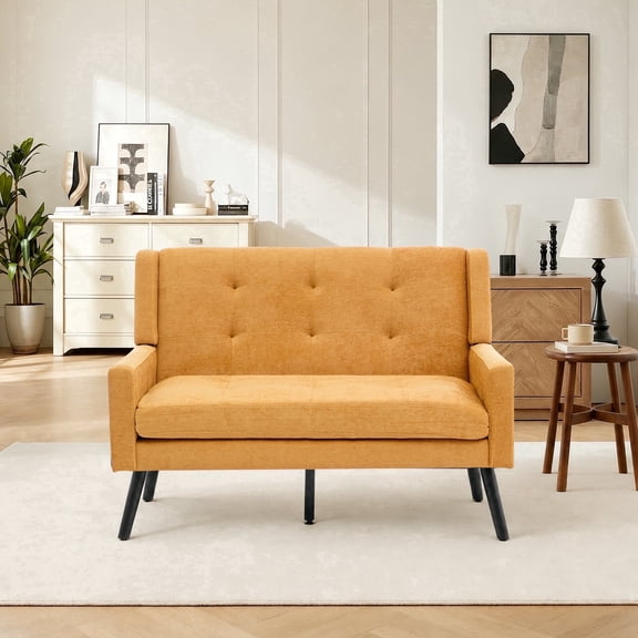 Wansaly 46.85" 2-Seat Loveseat Sofa, Mid Century Tufted Velvet Upholstered Comfy Couch, Solid Wood Frame for Small Space Apartment, Yellow