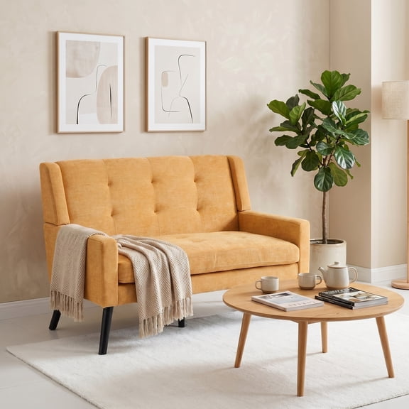 Wansaly Mid-Century Soft Velvet Loveseat, Tufted High Back Sofa with Solid Metal Legs, Yellow
