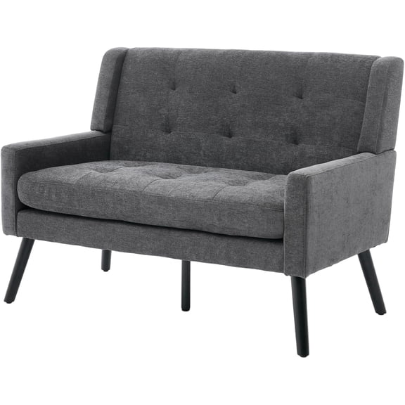 Mid-Century 47" Small Loveseat Sofa, Plush Linen Fabric with Tufted High Back and Solid Wood Legs, for Apartment Living Room, Bedroom, Home Office, Dark Gray