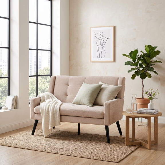 Wansaly Mid-Century Soft Velvet Loveseat, Tufted High Back Sofa with Solid Metal Legs, Beige