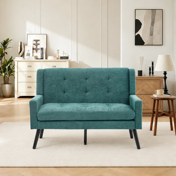 Wansaly Mid-Century Adult Plush Linen Fabric Loveseats with Button Tufted High Back and Solid Wood Legs, Green
