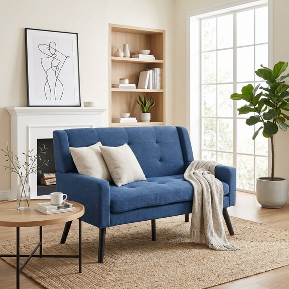Wansaly Mid-Century Soft Velvet Loveseat, Tufted High Back Sofa with Solid Metal Legs, Blue