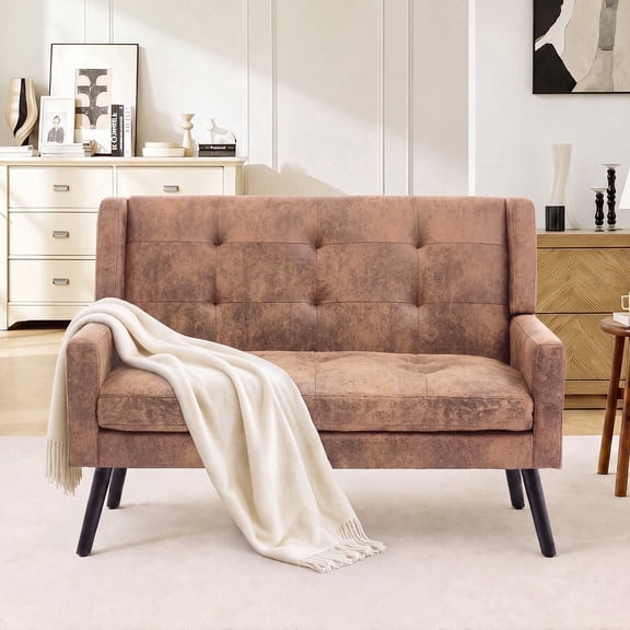 Wansaly 46.85" 2‑Seat Loveseat, Mid‑Century Tufted Suede Comfy Couch with Solid Wood Legs, Yellow, for Small Space and Apartment