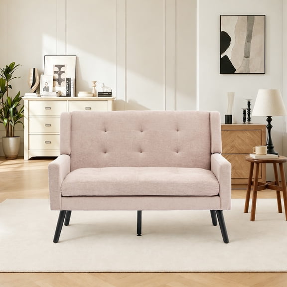 Wansaly Mid-Century Soft Velvet Loveseat, Tufted High Back Sofa with Solid Metal Legs, Beige