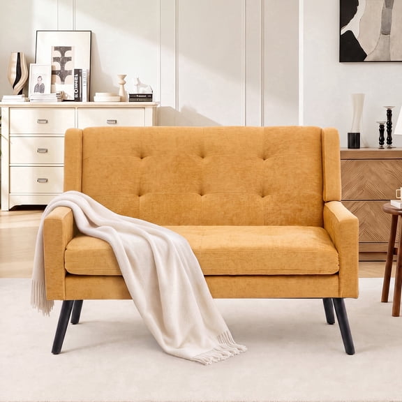 Wansaly 46.85" 2‑Seat Loveseat, Mid‑Century Tufted Linen Comfy Couch with Solid Wood Legs, Yellow, for Small Space Apartment