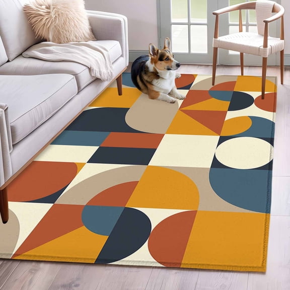Mid Century 4x6 Area Rugs for Living Room, Orange Brown Beige Blue Abstract Retro Geometric Modern Non Slip Floor Mat Washable Low-Profile Indoor Carpet for Bedroom, Dining Room, Bathroom