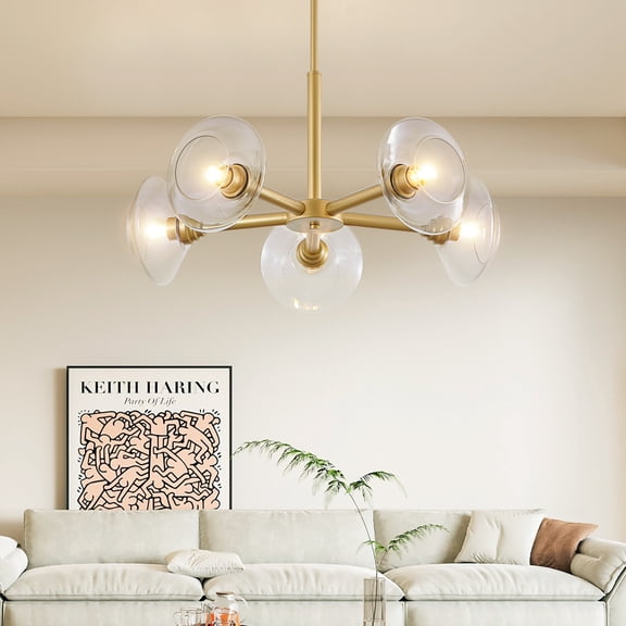 Mid-Century 5-Light Gold Sputnik Chandelier, Clear Glass Pendant Light for Dining Room, Living Room, Kitchen, Modern Hanging Fixture (Bulbs Not Included)