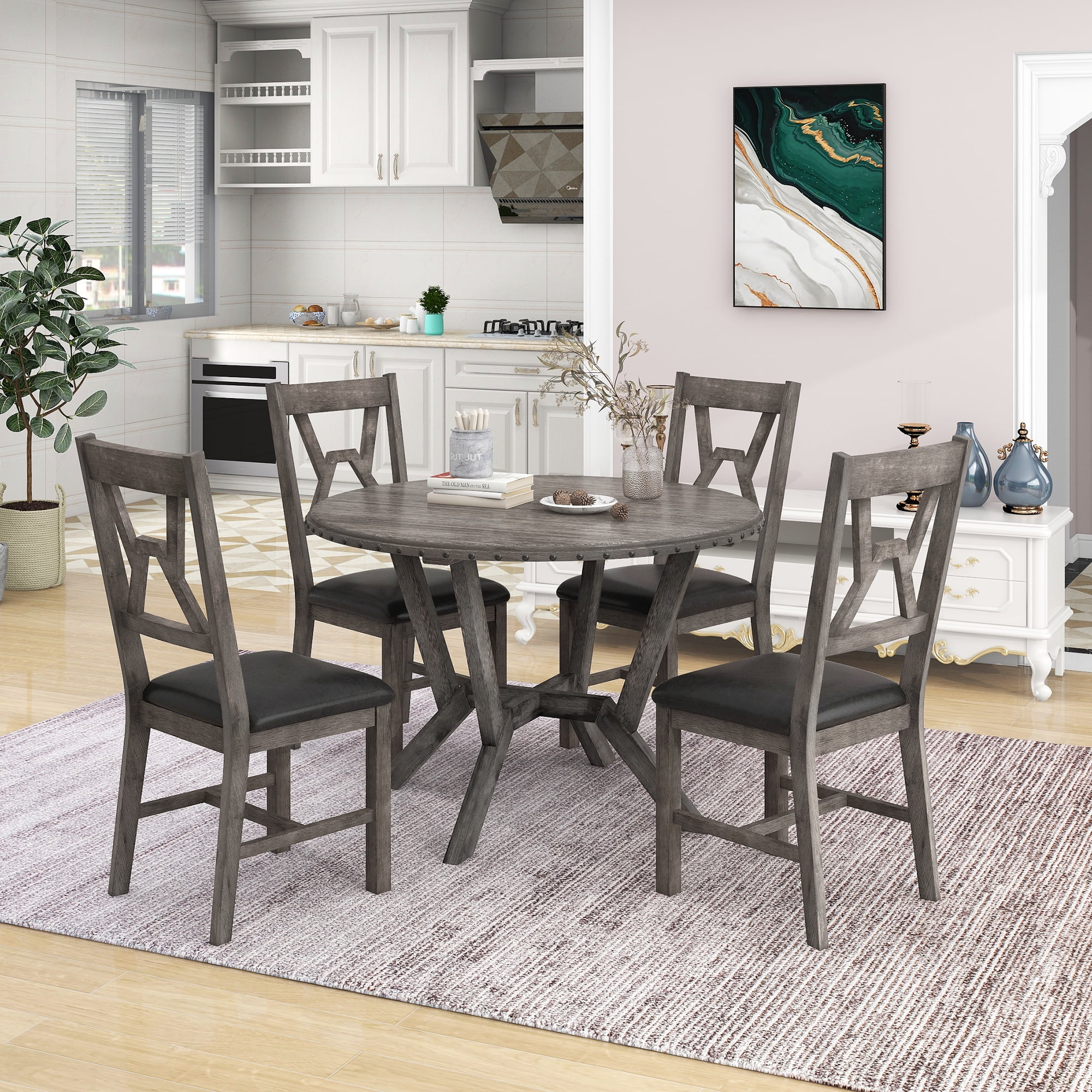 Mid Century 5 Piece Dining Table Set Round Table with Cross Legs