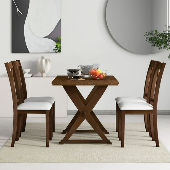 Mid-Century 5 Piece Solid Wood Dining Room Set, Large Wood Kitchen Table Set with Table 4 Chairs, 30” x 43” Rectangle Table with 4 Upholstered X-Back Chairs for 4(Antique Brown)