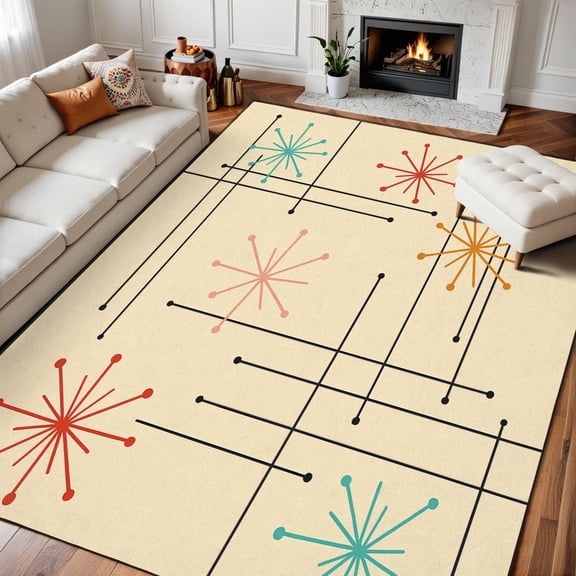 Mid-Century 50s Pattern Area Rug, Retro Vintage Geometric Carpet, Washable Non Slip Low Pile Soft Thin, Living Room Bedroom Dining Room Home Decor Mat 2x3ft