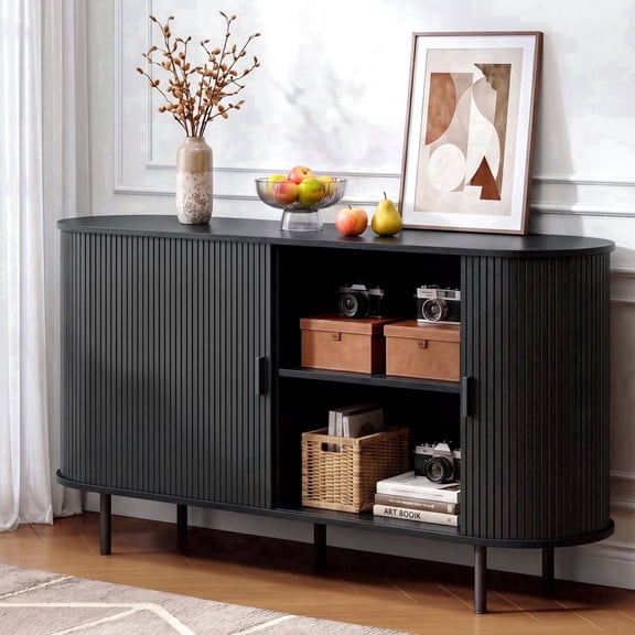 ROGALIS 55" Sliding Tambour Door Buffet Cabinet, Sideboard with Adjustable Shelves for Kitchen Living Room Hallway Entryway, Black