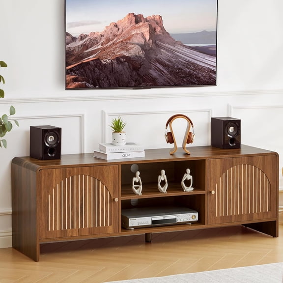 Mid-Century 59" Long Wood TV Stand Cabinet for 55/60/65 Inch TV, Classic TV Console with Adjustable Storage Shelf & Arch Striped Pattern, Entertainment Center with Storage for Living Room Bedroom