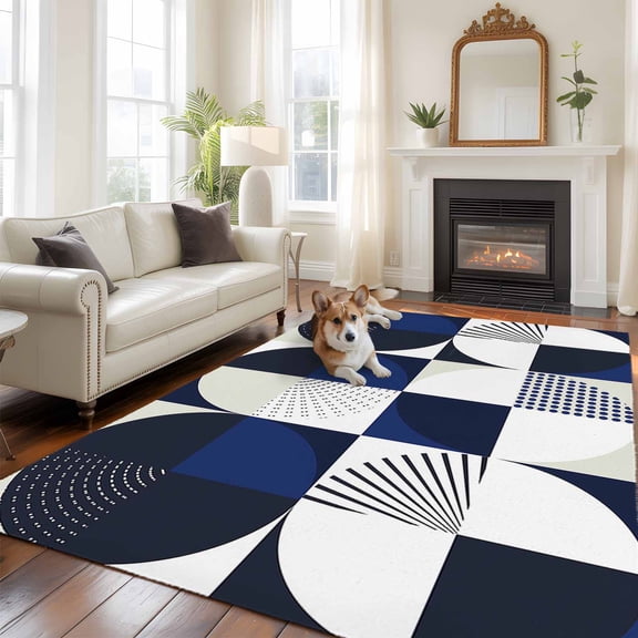 Mid Century 5x7 Area Rugs for Living Room, Abstract Blue White Geometric Non Slip Floor Mat Washable Low-Profile Indoor Carpet for Bedroom, Dining Room, Bathroom