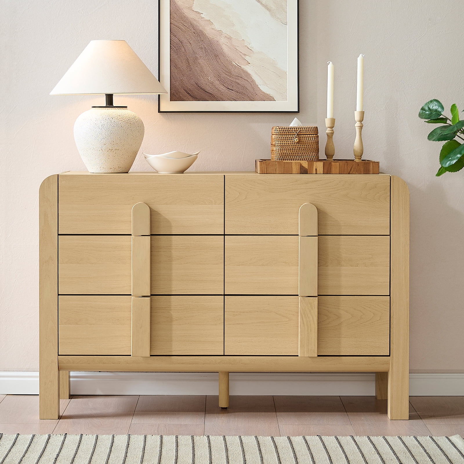 Mid Century 6 Drawer Dresser for Bedroom, 47.2" Wide Modern Chest of Drawers with Curved Profile Design, Wood Closet Clothes Storage Organizer for Bedroom, Living Room