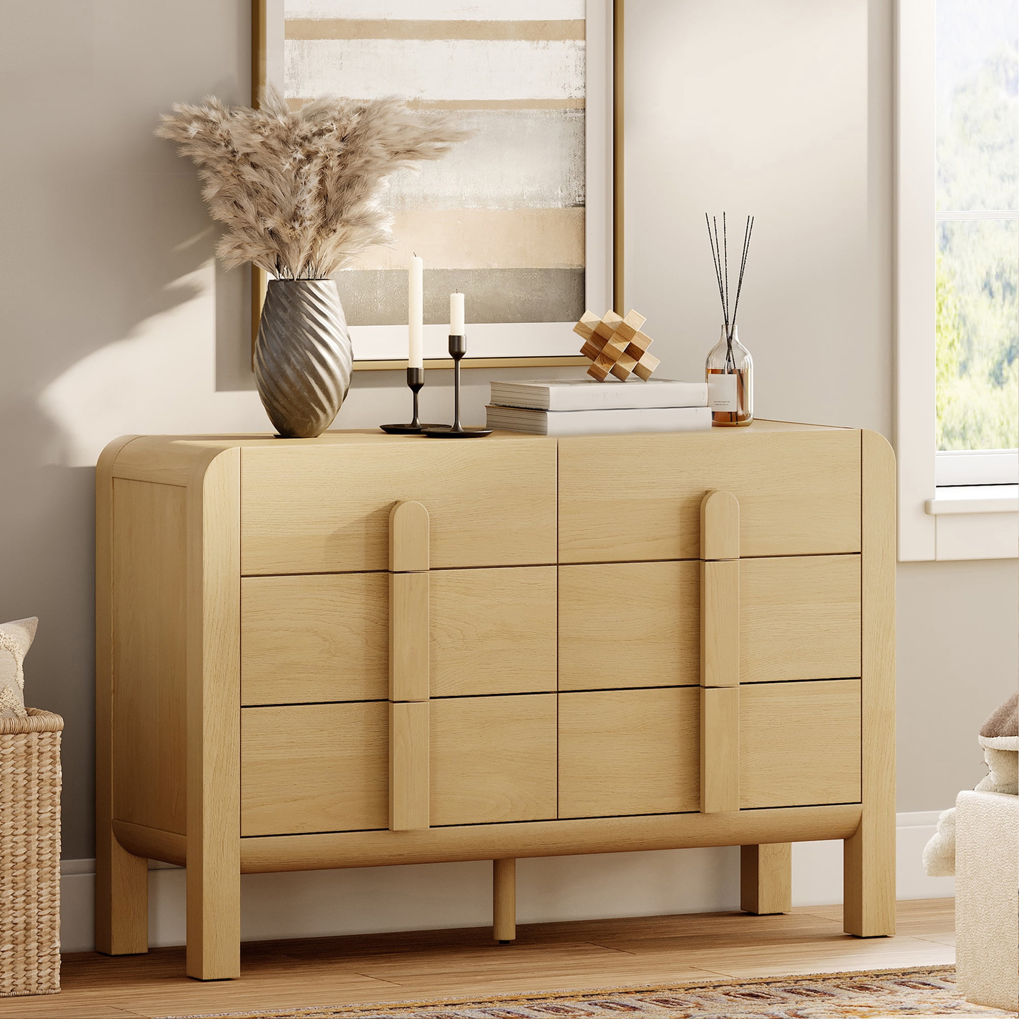 Mid Century 6 Drawer Dresser for Bedroom, Wide Modern Chest of Drawers with Curved Profile Design, Wood Closet Clothes Storage Organizer for Bedroom, Living Room