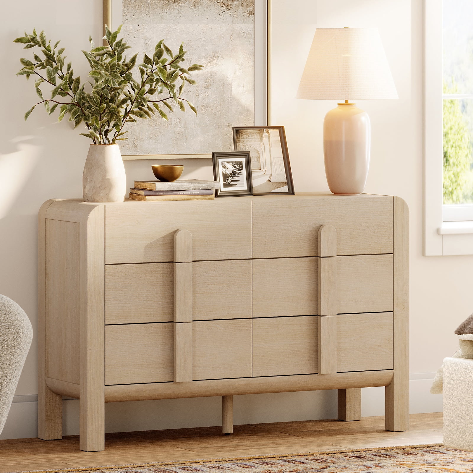 Mid Century 6 Drawer Dresser for Bedroom, Wide Modern Chest of Drawers with Curved Profile Design, Wood Closet Clothes Storage Organizer for Bedroom, Living Room