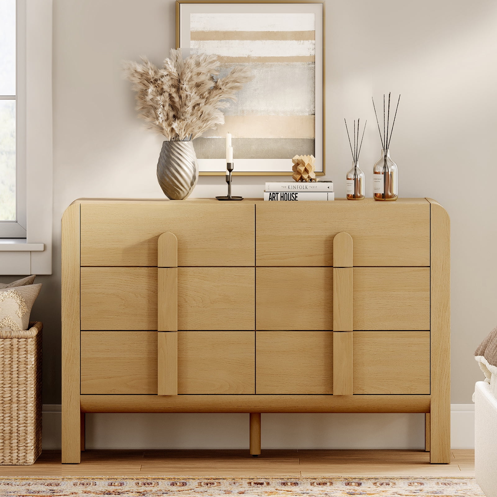 Mid Century 6 Drawer Dresser for Bedroom, Wide Modern Chest of Drawers with Curved Profile Design, Wood Closet Clothes Storage Organizer for Bedroom, Living Room