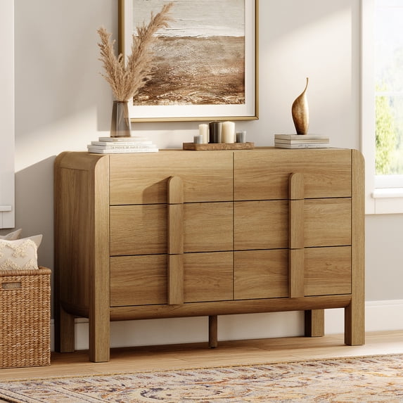 Mid Century 6 Drawer Dresser for Bedroom, Wide Modern Chest of Drawers with Curved Profile Design, Wood Closet Clothes Storage Organizer for Bedroom, Living Room