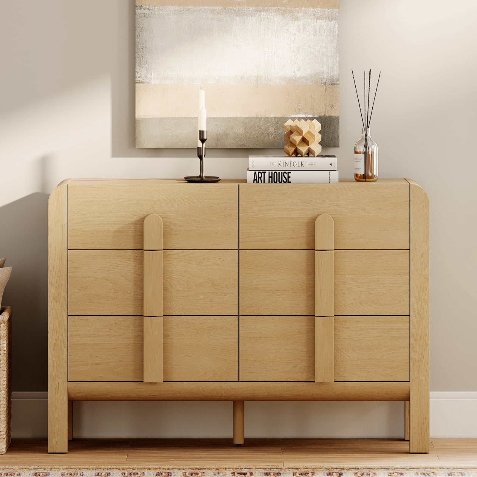 Mid Century 6 Drawer Dresser for Bedroom, Wide Modern Chest of Drawers with Curved Profile Design, Wood Closet Clothes Storage Organizer for Bedroom, Living Room